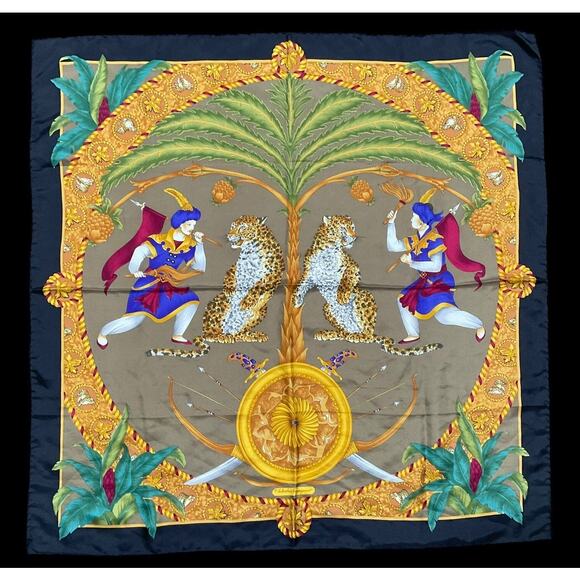 s-l400.jpg Salvatore Ferragamo Silk Scarf Leopard Swords Vintage Shawl Wrap Hand Rolled Hem